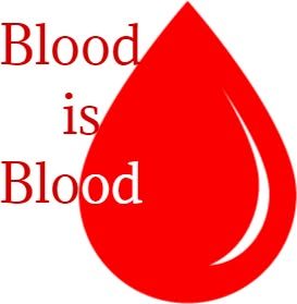 Red drop shape with the text "Blood is Blood" in red and white. Blood is Blood Logo 2015 - 2021
